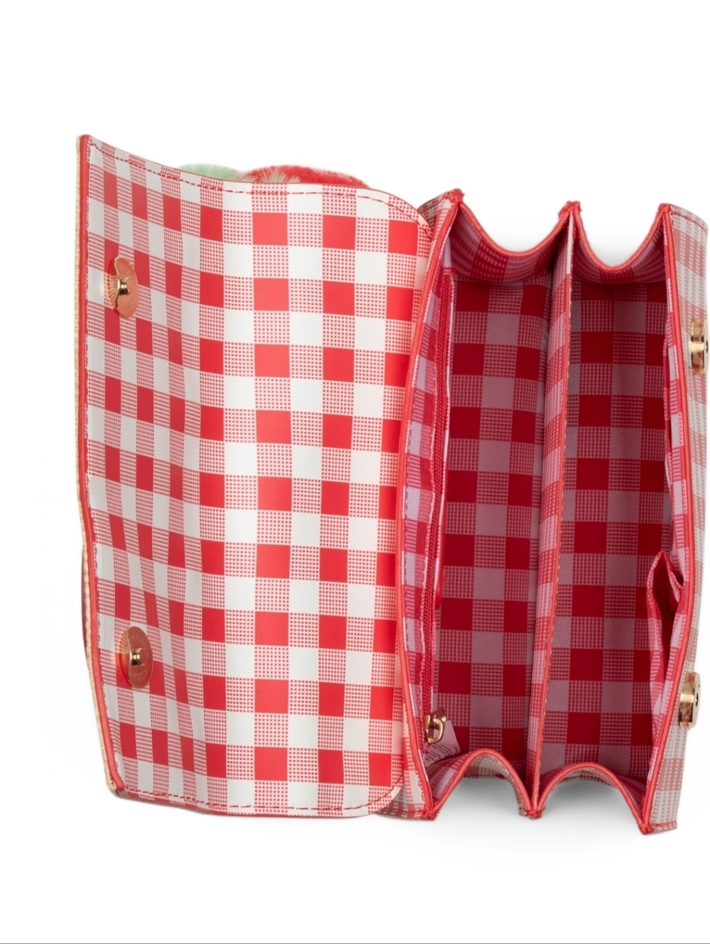 👉✨️ Betsey Johnson Red Strawberry Plaid Top-Handle Women’s Bag with Pom Charm - Picture 3 of 4